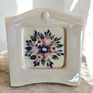 Grannycore Crewel Embroidered Floral Art In Vintage Inspired White Ceramic Frame